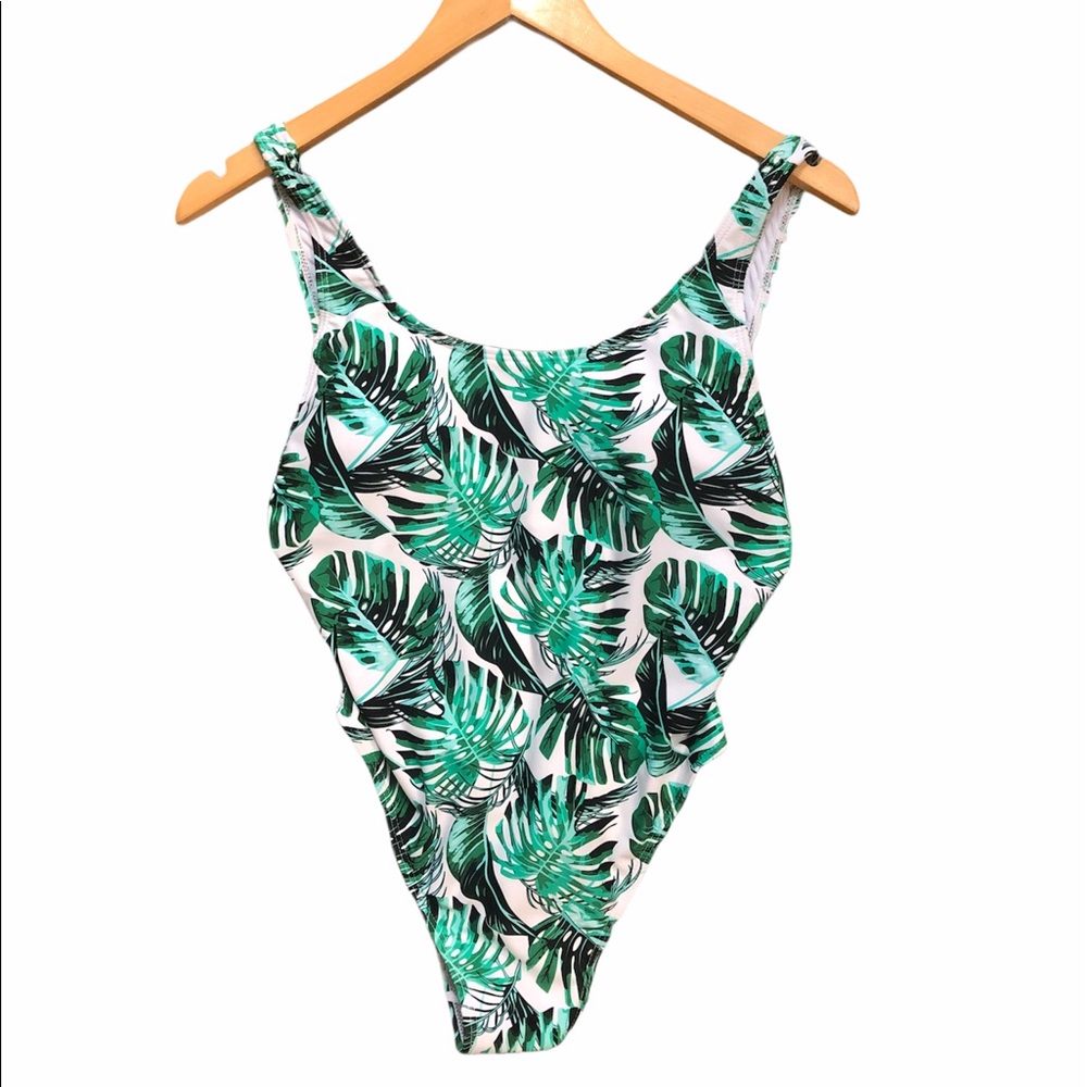 Palm leaf print bathing suit.